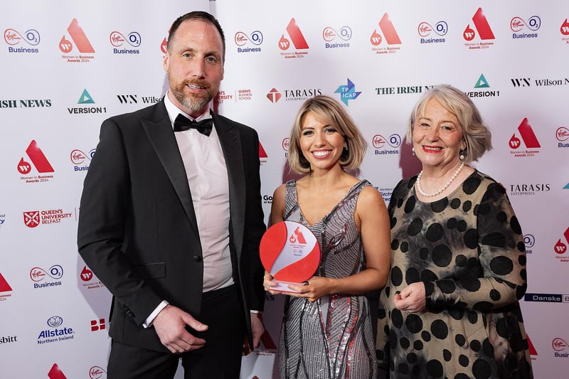 Greenisland's Ashleigh Averell, managing director at ibrand, who was awarded Young Businesswoman of the Year, with Stephen McKeown from category sponsor Allstate NI and Anne Clydesdale, vice chair Women in Business board.