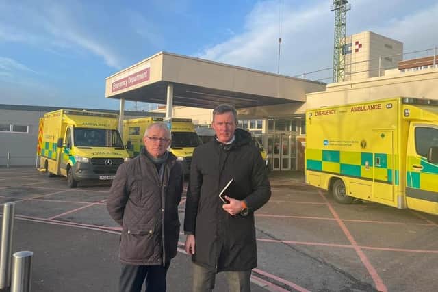 The protection of both Craigavon Area Hospital and Daisy Hill Emergency Departments is ‘vital for the health and wellness of people across the Southern Health Trust’, the SDLP insist. Pictured at Craigavon Hospital are Portadown based Cllr Eamon McNeill who sits on Armagh, Banbridge and Craigavon Council and MLA for Newry and Armagh Justin McNulty.