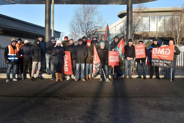 Striking railway workers on the picket line at Portadown Railway Station. PT03-236.