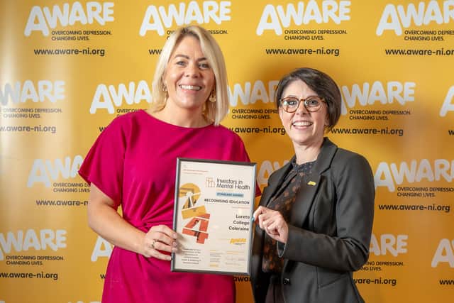 Loreto College Vice Principal, Mrs. Frances Pepin, alongside Karen Collins, CEO of AWARE NI, at the AWARE NI Investors in Mental Health Awards. CREDIT LOVE PR