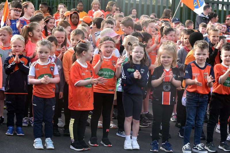 Pupils of St John The Baptist Primary School-Bunscoil Eoin Baiste held an 'Armagh Day' to show support for the Armagh GAA team who are contesting the Ulster final on Sunday. PT19-200.
