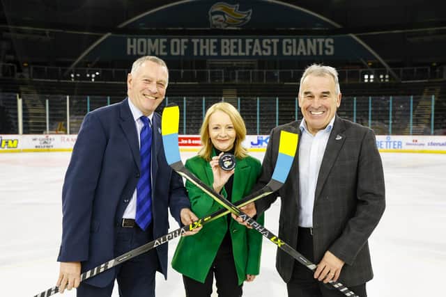 The Odyssey Trust announced to host special international ice hockey game in support of Ukrainian Hockey Dream, part of the ‘Hockey Can’t Stop Tour’. Pictured, Martin McDowell, Chair, Odyssey Trust, Allison Dowling, Communications and Marketing Director at Belfast Harbour, and Robert Fitzpatrick, CEO, Odyssey Trust. Picture by Phil Magowan / Press Eye