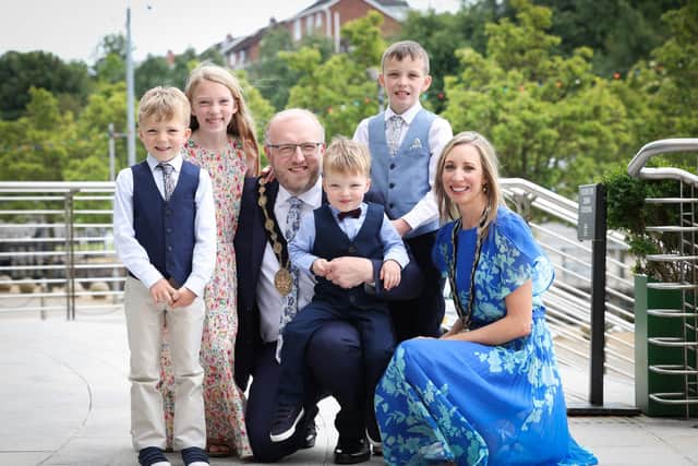 Mayor of Lisburn and Castlereagh Councillor Andrew Gowan with his wife Nicola, and their four children Hannah (10), Caleb (9), George (6) and Isaac (3). Pic credit: LCCC