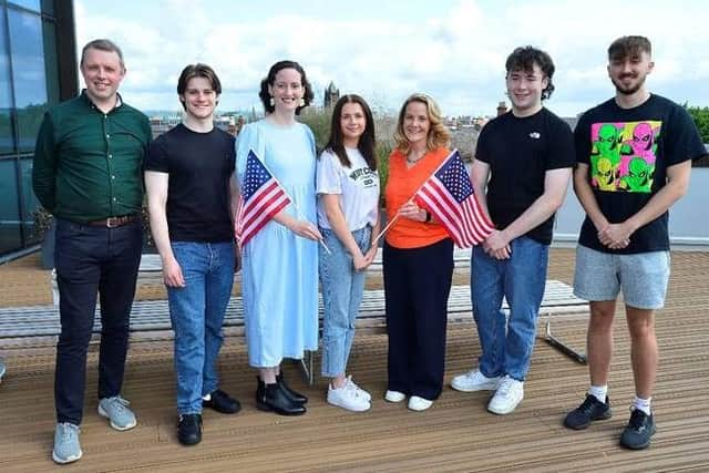 Tom Butler, Francesca Gannon, David Graham and Cameron Carter are pictured with Richard Leeman, Skills Division, Department for the Economy, Northern Ireland, Dr Erin Hinson, Study USA Student Support Advisor and Mary Mallon, Head of Education, British Council Northern Ireland.