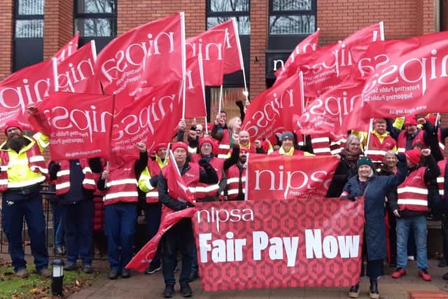 BSO warehouse workers from Lisburn joined a protest at the Secretary of State's offices in Belfast. Pic credit: NIPSA