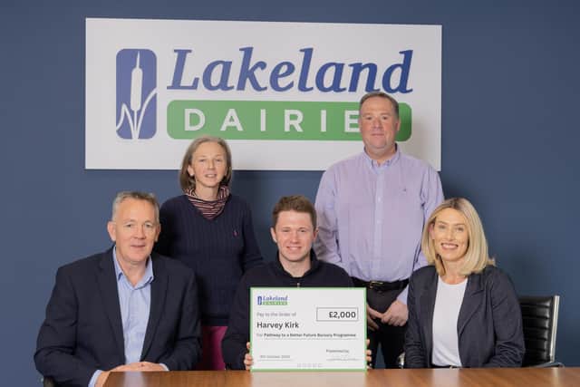 Lakeland Dairies Bursary recipient Harvey Kirk from Ballymena with his parents, Paul and Sarah, pictured with Liz Shouldice, Chief People Officer and Pat Shiels, Chief Strategy & Member Officer, Lakeland Dairies.