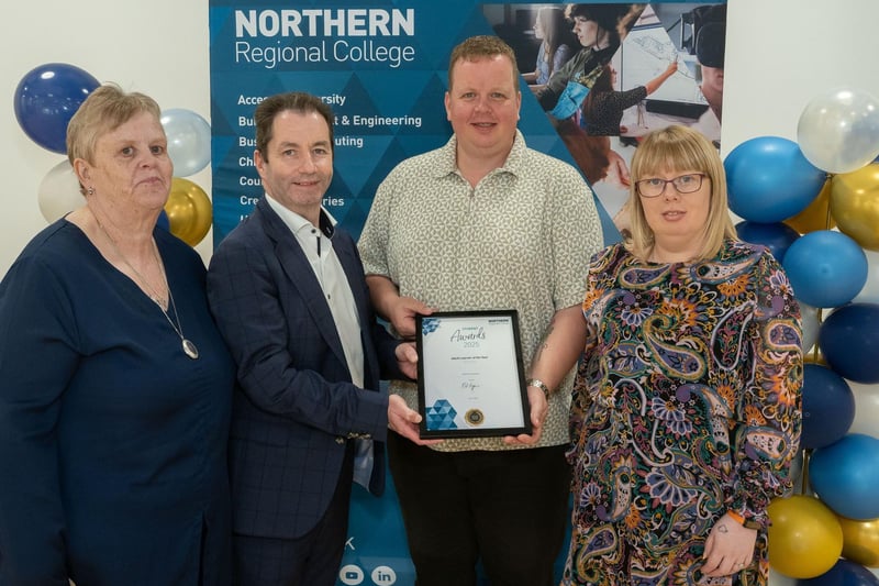 Matthew Sheppard, winner of the Adult Learner of the Year Award at the College’s Student Recognition Awards with Mel Higgins, Principal & Chief Executive of Northern Regional College and his mum Rosemary Sheppard and partner Kylie Frayne.