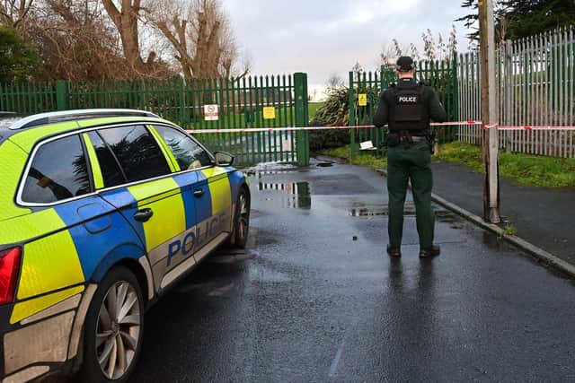 Police remain at the scene on Friday of a sudden death of a man in Lord Lurgan Park within the vicinity of Derry Street, Lurgan. Pic Colm Lenaghan/ Pacemaker