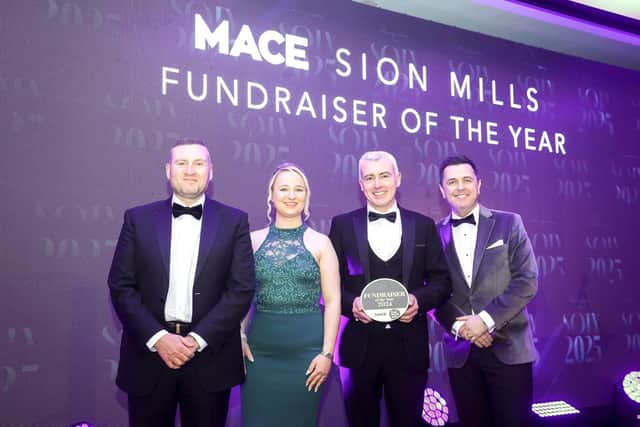 Receiving the award for Fundraiser of the Year for charity partner NI Chest Heart and Stroke is Declan Corry, owner of MACE Sion Mills. He is joined by (from left), MACE Marketing Director Desi Derby, Lindsay Lutton from NI Chest Heart and Stroke and awards host Pete Snodden.