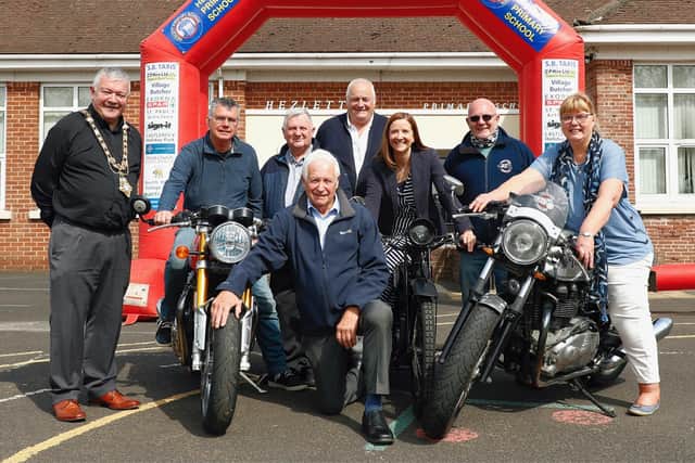 Cllr Ivor Wallace (Mayor of  Causeway Coast & Glens ) Nat Magee, Eddie Johnston MBE (Chairman of the North West Vintage Motor Cycle Club),  John Blair, Joanne Gillespie, David Holmes  Donna Winters, ( Principal Hezlett Primary School ) and Billy Nutt MBE

Photo by Maurice Montgomery