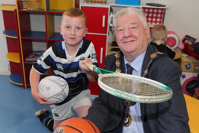Ruairi McLaughlin with the Mayor, Councillor Steven Callaghan at the unveiling of the new multi-use games area at Magilligan Community Centre.