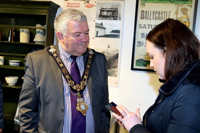 Mayor Ivor Wallace chats with Rachel Archibald  at the opening of Ballycastle Museum