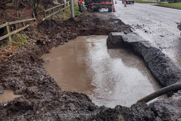 A burst watermain has lead to a lane closure on the A1 at Hillsborough as NI Water works to repair the damage. Pic credit: NI Water