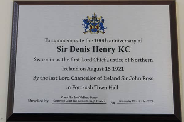 The new commemorative plaque which is now in place in Portrush Town Hall