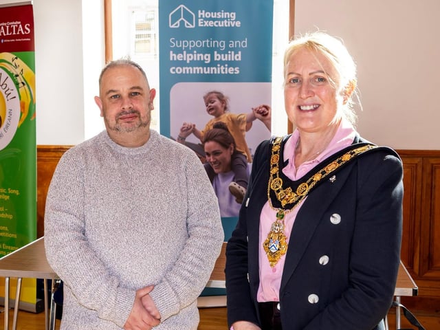 Mayor Cllr Dawn Huggins pictured at the Good Relations Week showcase event in Coleraine Town Hall with NI Housing Executive Good Relations Officer Gareth Doran.