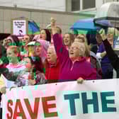 Protestors outside the headquarters of Causeway Coast and Glens Council offices on June 3 calling for a reprieve for the Riverside Theatre in Coleraine.