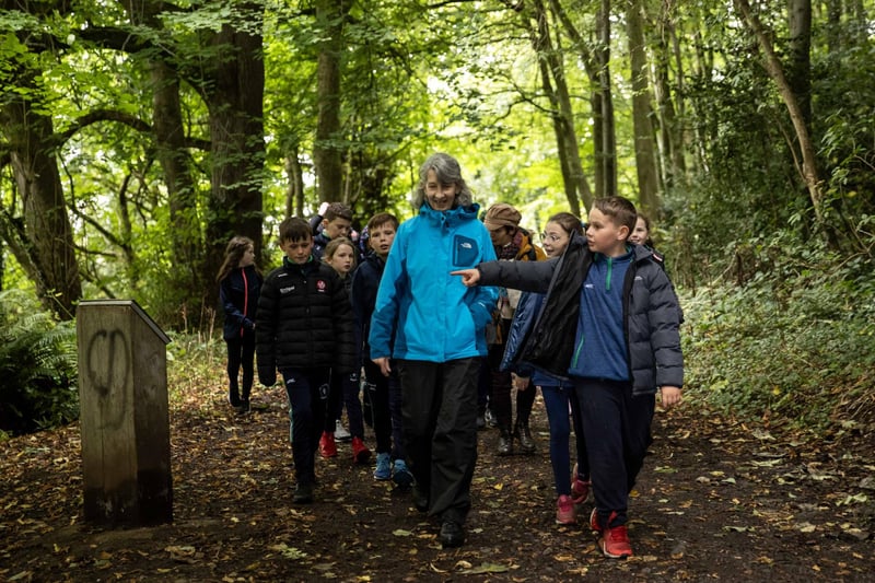 Volunteer Patricia Condron, with pupils from St Canice’s Primary School Feeny, in Mountsandel Wood.