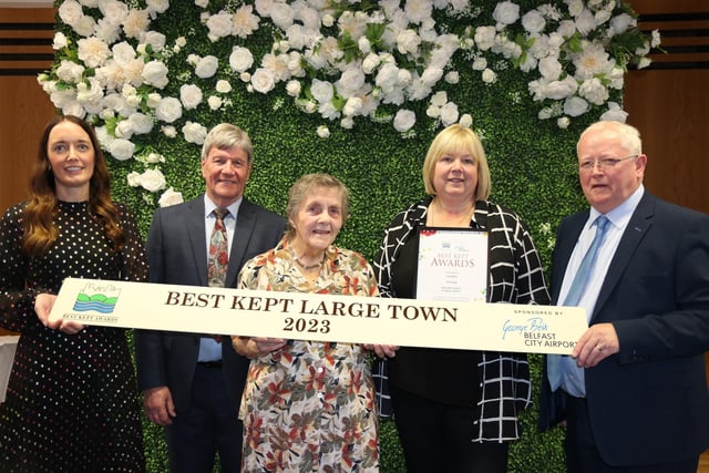 Antrim town was awarded Best Kept Large Town. Pictured L-R are Anna McKelvey, Head of Marketing at George Best Belfast City Airport, Best Kept Patron Joe Mahon, President of The Northern Ireland Amenity Council, Doreen Muskett MBE, Alderman Linda Clark and Alderman John Smyth.