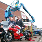 Briggs Equipment Ireland Managing Director, Gary Clements (right) joins Mervyn Whyte, North West 200 race boss, and PBM Ducati’s Glenn Irwin to announce the new three year title sponsorship deal for the north coast races which begins in 2024. Credit STEPHEN DAVISON