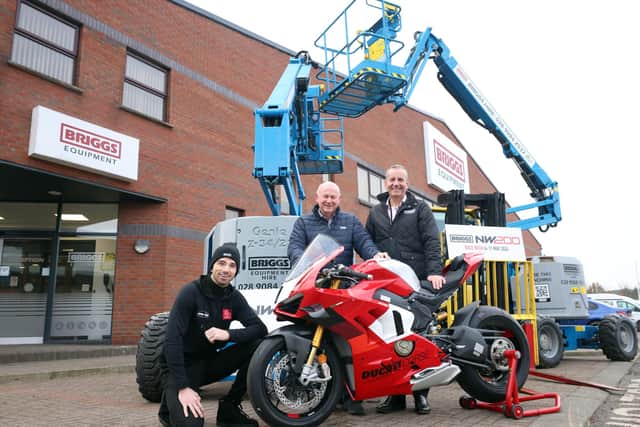 Briggs Equipment Ireland Managing Director, Gary Clements (right) joins Mervyn Whyte, North West 200 race boss, and PBM Ducati’s Glenn Irwin to announce the new three year title sponsorship deal for the north coast races which begins in 2024. Credit STEPHEN DAVISON
