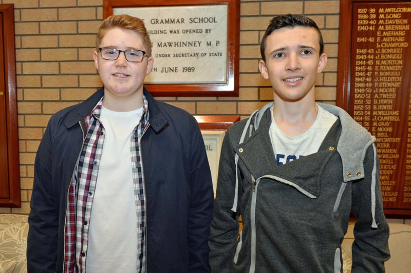 Pictured in 2015 were Larne Grammar School students, David Gilliland (left), who received two A stars and eight As, and Andrew Downie, who got one A, six Bs, two Cs and one D in their GCSE exams. INLT 34-013-PSB