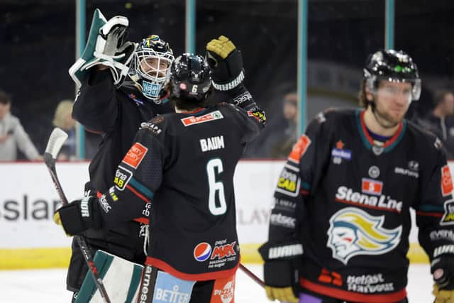 Belfast Giants’ Tyler Beskorowany and Jeff Baum celebrate after defeating Sheffield Steelers in the penalty shootout during Saturday’s Elite Ice Hockey League game at the SSE Arena, Belfast.   Photo by William Cherry/Presseye