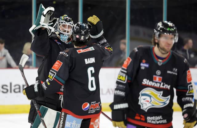 Belfast Giants’ Tyler Beskorowany and Jeff Baum celebrate after defeating Sheffield Steelers in the penalty shootout during Saturday’s Elite Ice Hockey League game at the SSE Arena, Belfast.   Photo by William Cherry/Presseye