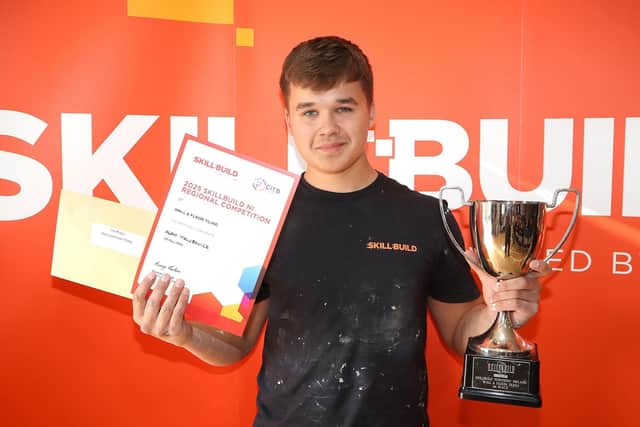 Tandragee student Alan Holubowitz who has been announced as a finalist at this year’s SkillBuild National Final running from 19-20 November at Arena MK in Milton Keynes. Alan previously placed 1st at the Northern Ireland regional Skill Build competition earlier this year and is pictured with his first place trophy at this competition.