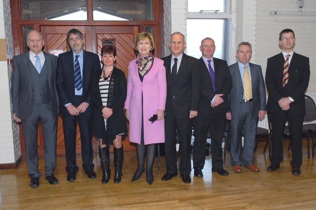 Irish President Mrs Mary McAleese and Dr Martin McAleese with principals of Craigavon schools in 2011. They are, from left, Mr Joe Corrigan, Lismore, Mr Stephen Creber, Brownlow, Mrs Teresa O'Hagan, St Brendan's, Mr Ian Flack, Drumgor, Mr Sean McMorrow, St Anthony's and Mr Fergal Magee, PIPS.