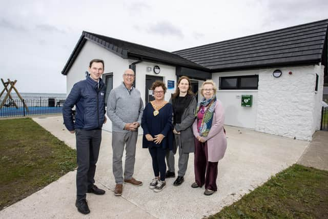 Pictured at the updated facilities in Glenarm are Eamon McMullan, capital regeneration manager, Mid and East Antrim Council; Leslie Morrow, secretary, Glenarm Village Committee; the Mayor,  Alderman Gerardine Mulvenna; Karen O’Neill, Department for Communities Regional Development Office and Frances Wilson, vice chair, Glenarm Village Committee.