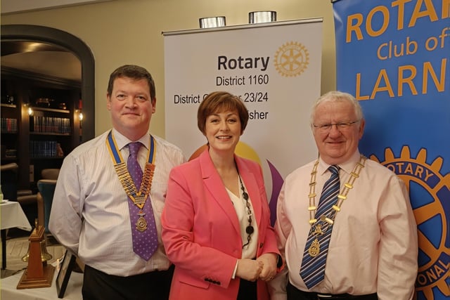 Larne Rotary Club President Alistair Carmichael with guest speaker at the charity breakfast, Donna Traynor and Rotary District Governor Kenny Fisher.