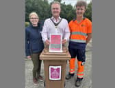 Deputy Lord Mayor, Councillor Kyle Savage is pictured with the new vape collection bin at Tandragee Recyling Centre, alongside Caroline Magill, environmental education officer ABC Council and Joshua George, recycling attendant. Picture: ABC Borough Council