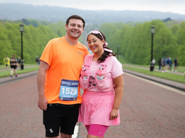 Emma-Rose Duffy and Matthew Boden are all smiles at the Phoenix Energy Belfast City Marathon.
