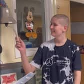 Daniel Greer rings the bell at Manchester Children's Hospital to signify the end of his cancer treatment.