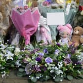 Just some of the soft toys, beautiful flowers and cards left at High Street in Carrickfergus following the death of eight-year-old Scarlett Rossborough. Picture: Arthur Allison / Pacemaker Press.