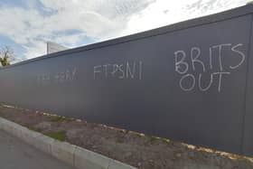 Graffiti at the site of the former Glengormley PSNI Station site on May 8. (Pic: NI World).