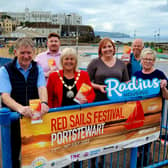 Alderman Mark Fielding and Alderman Richard Stewart, Margaret Anne McKillop, Deputy Mayor of Causeway Coast and Glens Borough Council, Lisa Mooney, Radius Housing, Nigel Handforth and Sheila Jackson from Portstewart Community Association, organisers of the Red Sails Festival. Credit Radius Housing