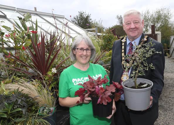 Rosemary Iliff & Mayor of Causeway Coast and Glens, Councillor Steven Callaghan at Council’s Macmillan Move More ‘Feel-Good Gardening’ project.