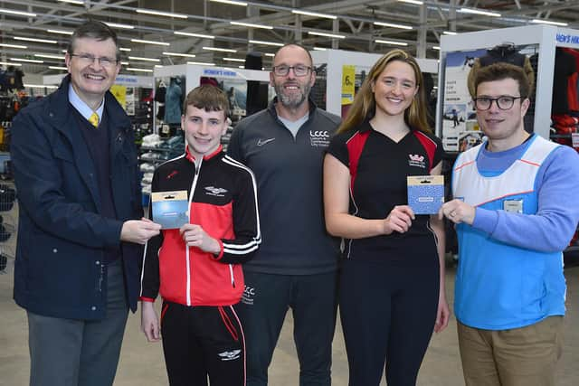 Sport Lisburn & Castlereagh Vice Chair, John McFaul, Jay Downey, Lisburn & Castlereagh City Council Sports Development Officer, Faron Morrison, Jessika Robson and Matthew Ferguson, Communication Manager, Decathlon Belfast. Pic credit: Sport Lisburn & Castlereagh