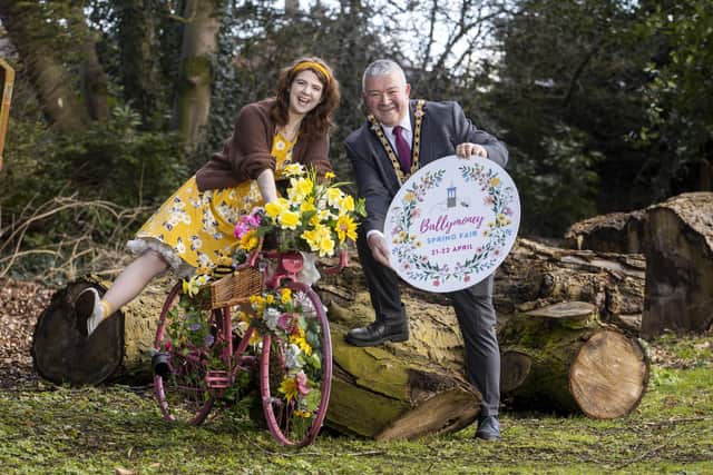 The Mayor of Causeway Coast and Glens Borough Council, Councillor Ivor Wallace and Council Officer Rebekah Stewart get set for Ballymoney Spring Fair which takes place on Friday 21 and Saturday 22 April