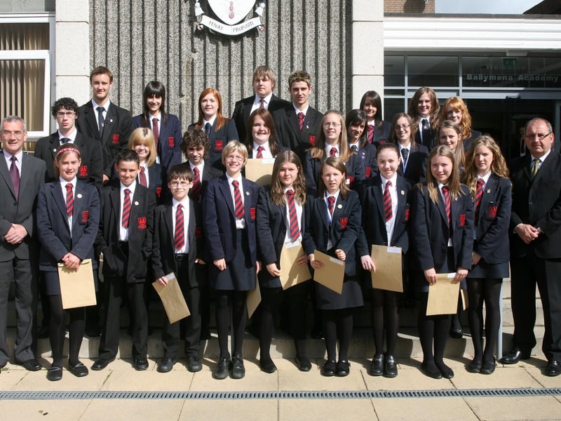 Ballymena Academy students who received Achievement awards in 2007. Included are Trevor Andrews (President Old Pupils Association) and Ronnie Hassard (Principal). BT27-210AC