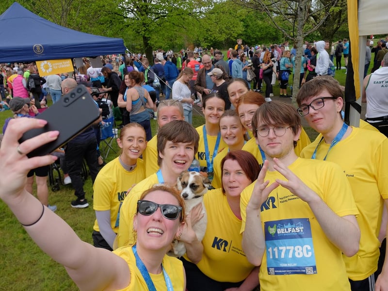 Aquinas College students and staff who ran for N. Ireland Kidney Research Fund enjoy making memories on Sunday at the Belfast Marathon.
