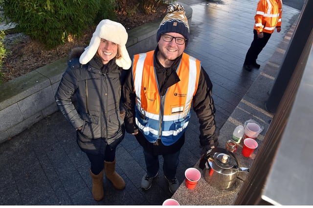 Tea and coffee keeping strikers at Portadown Railway Station warm on Thursday. PT03-235.