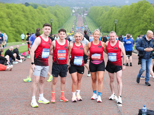 Posing for a photo at the start of the Phoenix Energy Belfast City Marathon in the grounds of the Stormont Estate.