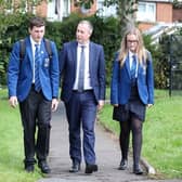 Education Minister, Paul Givan MLA chatting to pupils at St Columbanus College, Bangor. (Pic: Contributed).