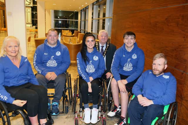 Members of the Causeway Giants Wheelchair Basketball Team pictured at Council’s Civic Headquarters, Cloonavin (l-r) Lisa Boyle, Ryan Archibald, the Mayor, Councillor Steven Callaghan, Natalie Kinney (Vice Captain), Daniel Black and Ross Atkinson. Credit Causeway Coast and Glens Council