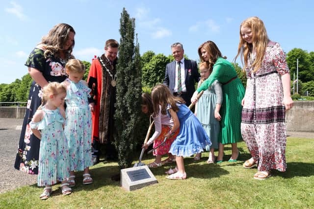 Keith and Kristyn Getty are pictured with Mayor of Lisburn & Castlereagh City Council, Councillor Scott Carson, Mayoress Ruth Carson along with their children at a tree planting ceremony. Photo by Press Eye.