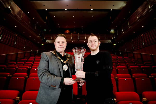 Mayor of Antrim and Newtownabbey, Cllr Mark Cooper with Mark Allen at Theatre at The Mill. (Pic: Antrim and Newtownabbey Borough Council).