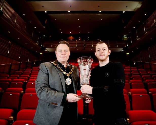 Mayor of Antrim and Newtownabbey, Cllr Mark Cooper with Mark Allen at Theatre at The Mill. (Pic: Antrim and Newtownabbey Borough Council).