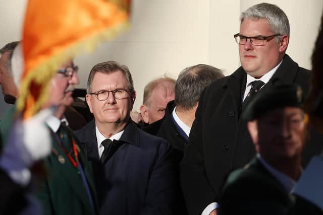 DUP leader Sir Jeffrey Donaldson and Gavin Robinson MP pictured at the funeral. Picture by Jonathan Porter/PressEye